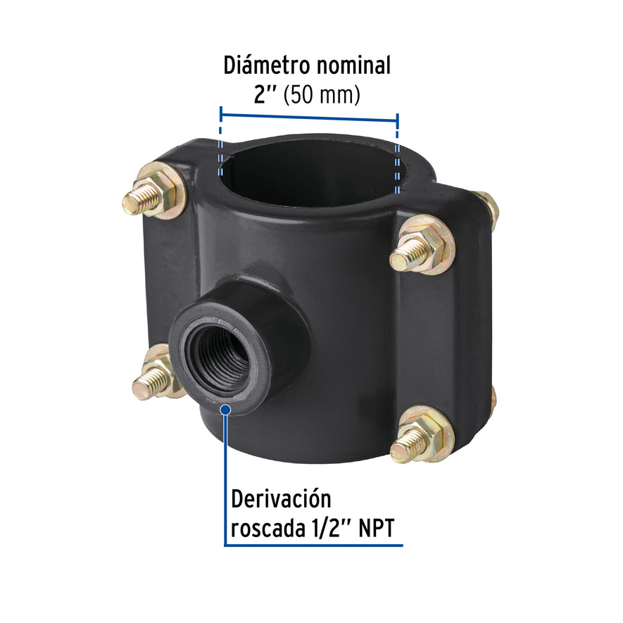 Abrazadera para toma domiciliaria PP 2' x 1/2', Foset Caja con 6, 40712
