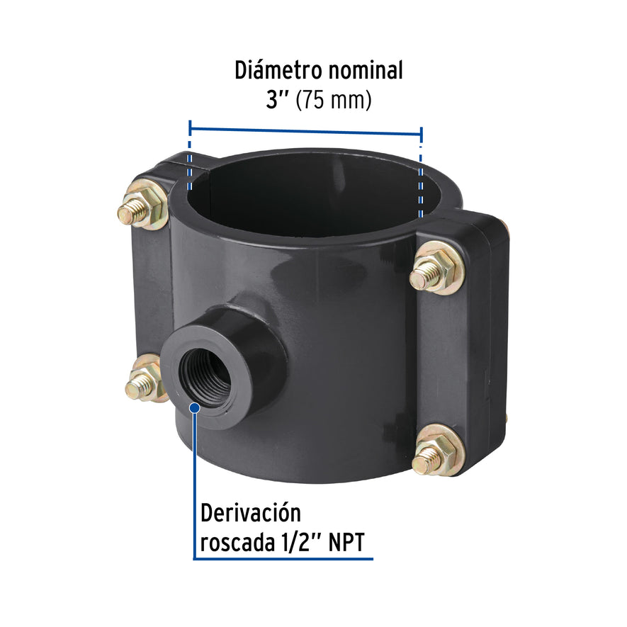 Abrazadera para toma domiciliaria PP 3' x 1/2', Foset Caja con 4, 40714