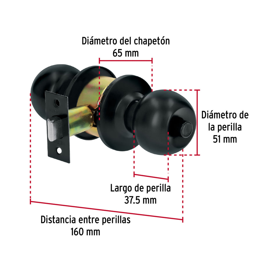Cerradura tipo esfera, cilíndrico, baño, negro, Basic Caja con 3, 28139
