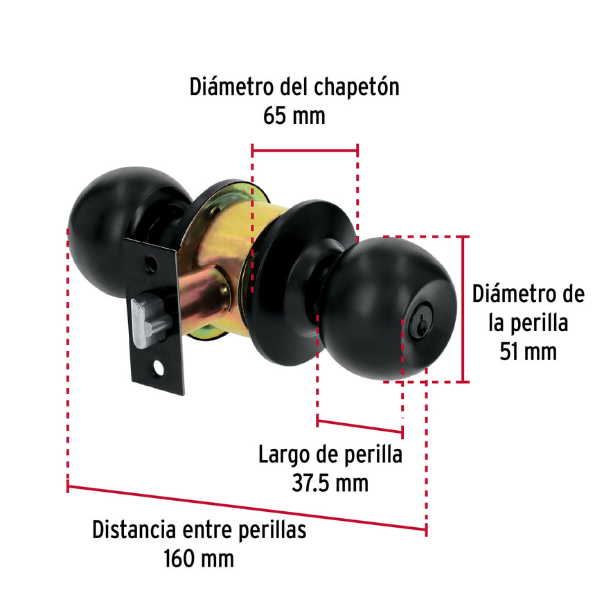 Cerradura tipo esfera, cilíndrico, recámara, negro, Basic Caja con 3, 28138