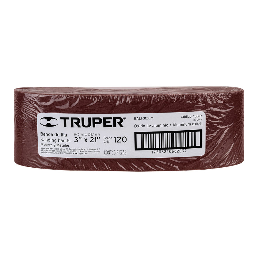 1 banda de lija 3 x 21' p/madera grano 120 en paquete de 5 Caja con 5, 15819