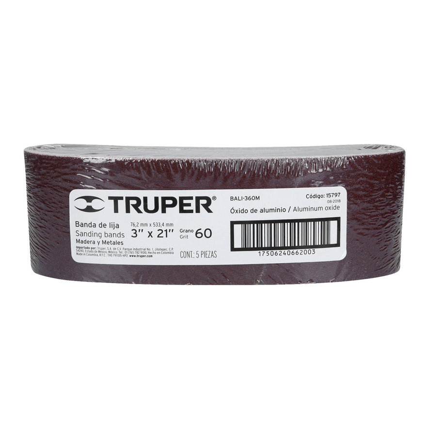 1 banda de lija 3 x 21' p/madera grano 60 en paquete de 5 Caja con 5, 15797