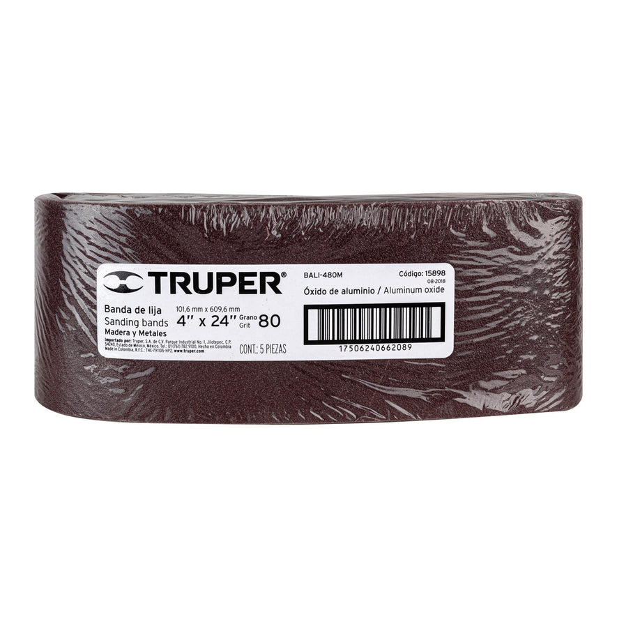 1 banda de lija 4 x 24' p/madera grano 80 en paquete de 5 Caja con 5, 15898