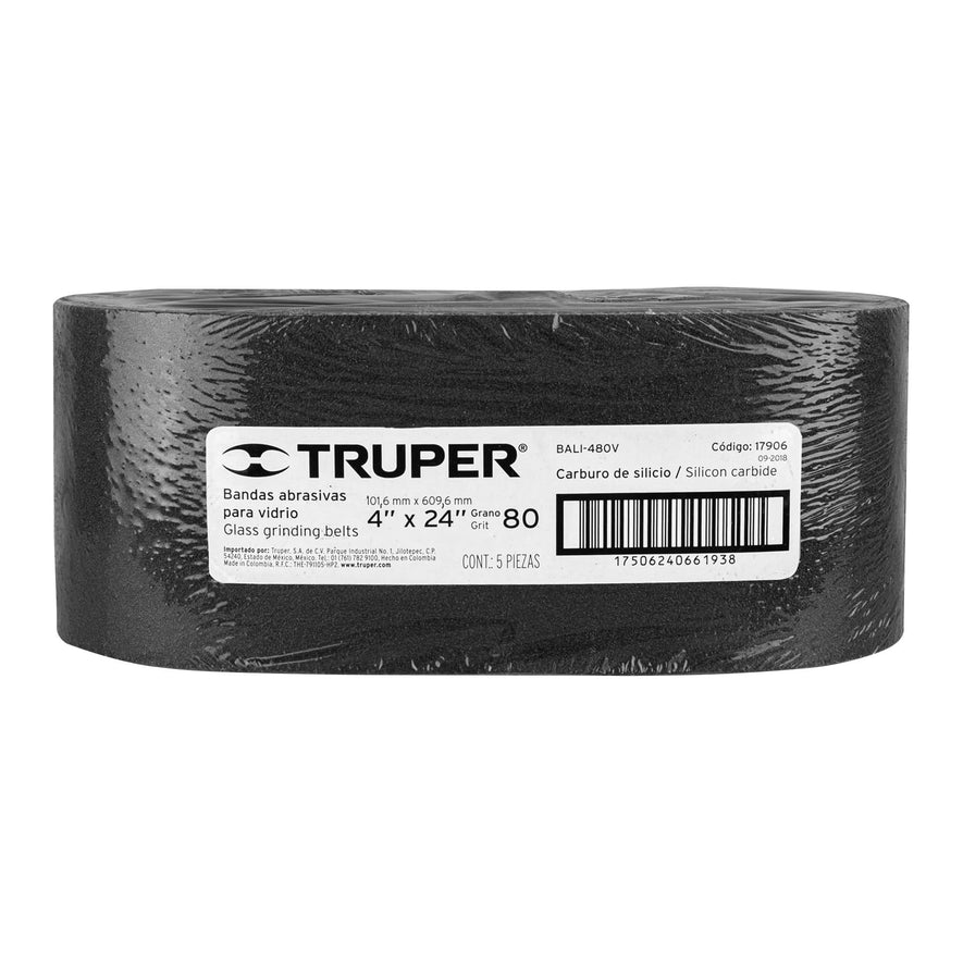 1 banda de lija 4 x 24' p/vidrio grano 80 en paquete de 5 Caja con 5, 17906