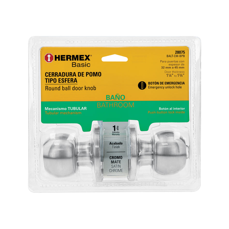 Cerradura esfera tubular, baño, cromo, blíster, Hermex Basic Caja con 3, 28075