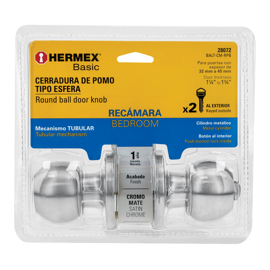 Cerradura esfera tubular, recámara, cromo, blíster, Basic Caja con 3, 28072