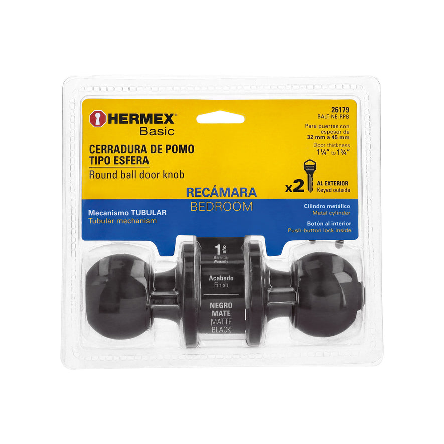 Cerradura esfera tubular, recámara, negro, blíster, Basic Caja con 3, 26179