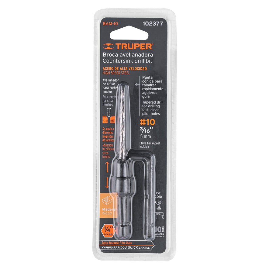 Broca avellanadora #10 para madera, 3/16', TRUPER Caja con 4, 102377