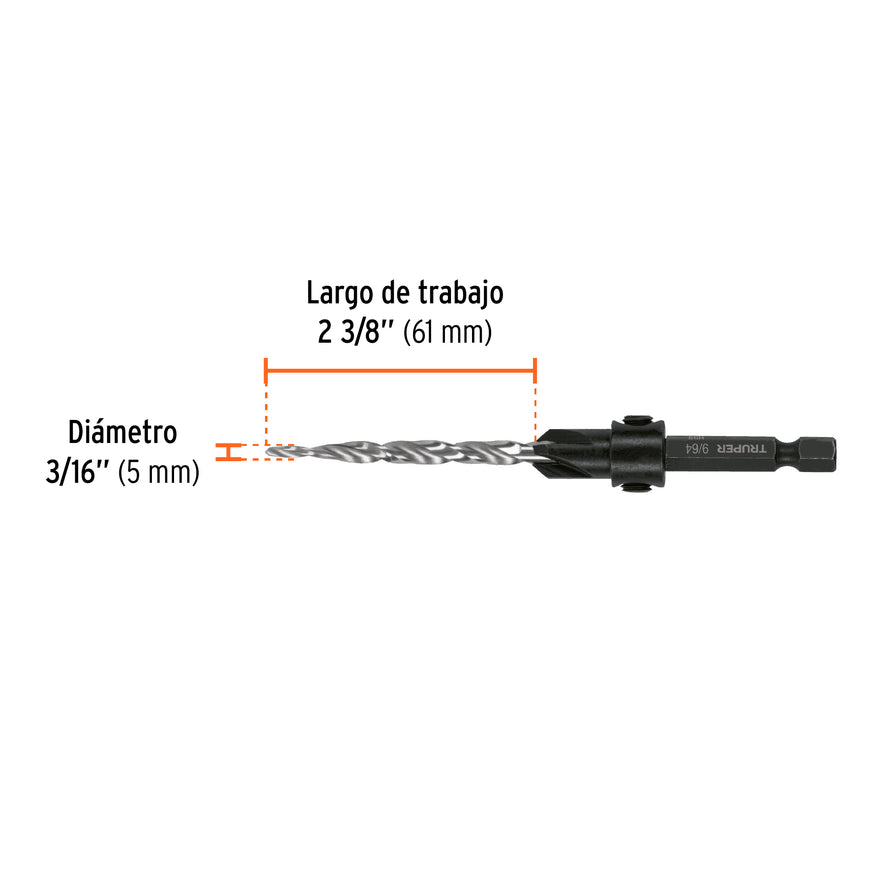 Broca avellanadora #10 para madera, 3/16', TRUPER Caja con 4, 102377