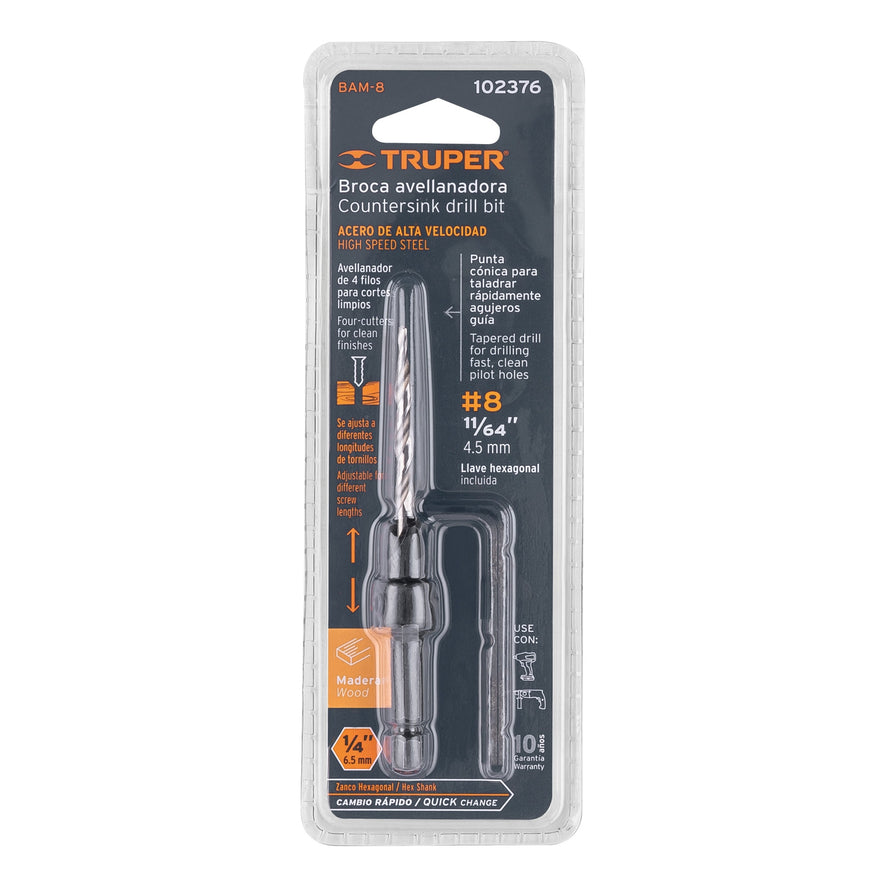 Broca avellanadora #8 para madera, 11/64', TRUPER Caja con 4, 102376