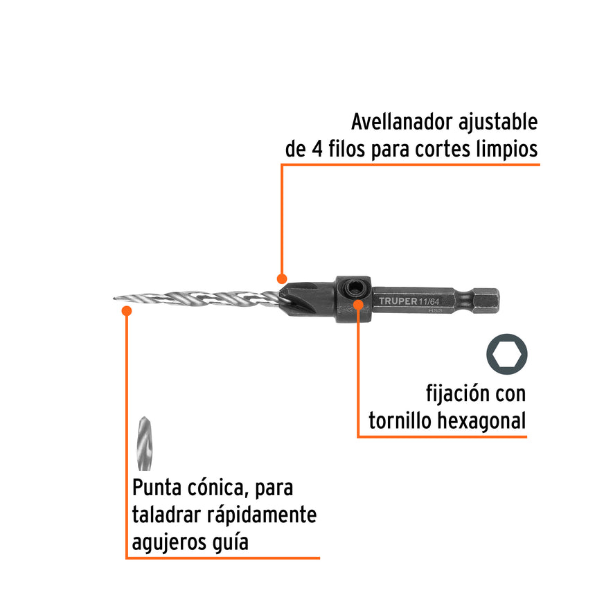 Broca avellanadora #8 para madera, 11/64', TRUPER Caja con 4, 102376