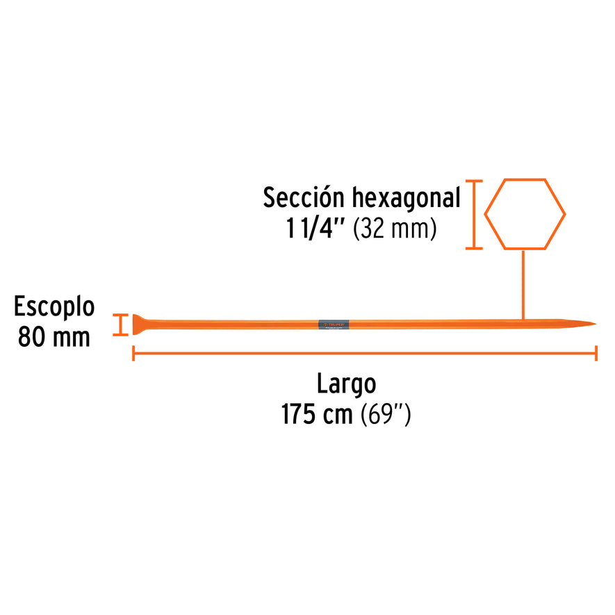Barreta de punta de 1-1/4' x 175 cm, escoplo 80 mm, Truper, 10765