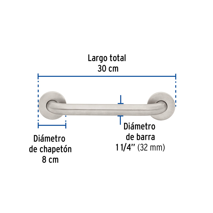 Barra recta de seguridad, acero inox, 1-1/4' x 30cm, Foset Caja con 2, 46882
