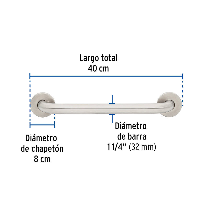 Barra recta de seguridad, acero inox, 1-1/4' x 40cm, Foset Caja con 2, 46883