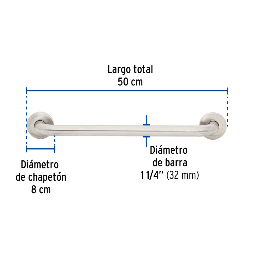 Barra recta de seguridad, acero inox, 1-1/4' x 50cm, Foset Caja con 2, 46884