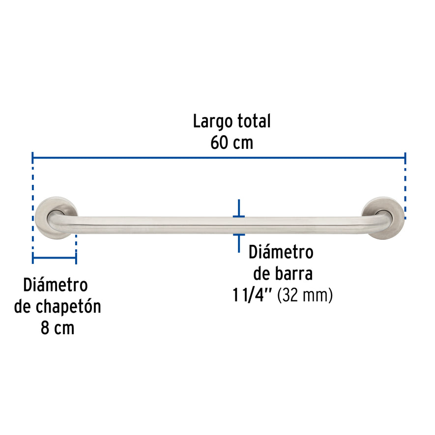 Barra recta de seguridad, acero inox, 1-1/4' x 60cm, Foset Caja con 2, 46885