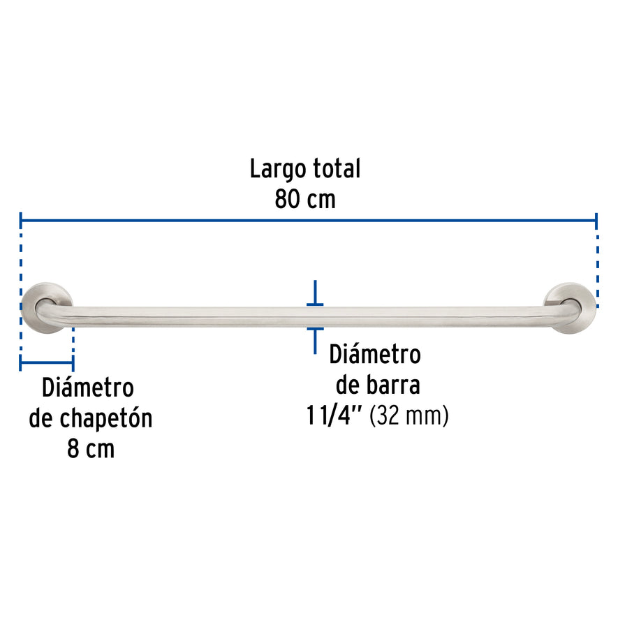 Barra recta de seguridad, acero inox, 1-1/4' x 80cm, Foset, 46886