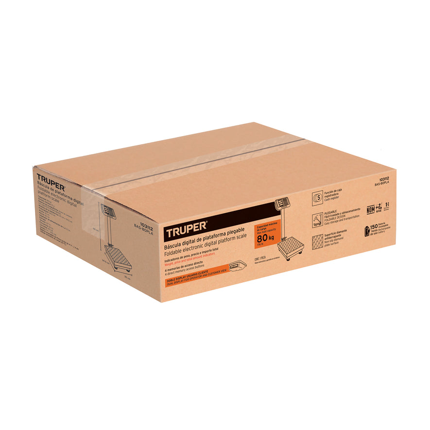 Báscula electrónica de plataforma p/mostrador, 80 kg, Truper, 103112