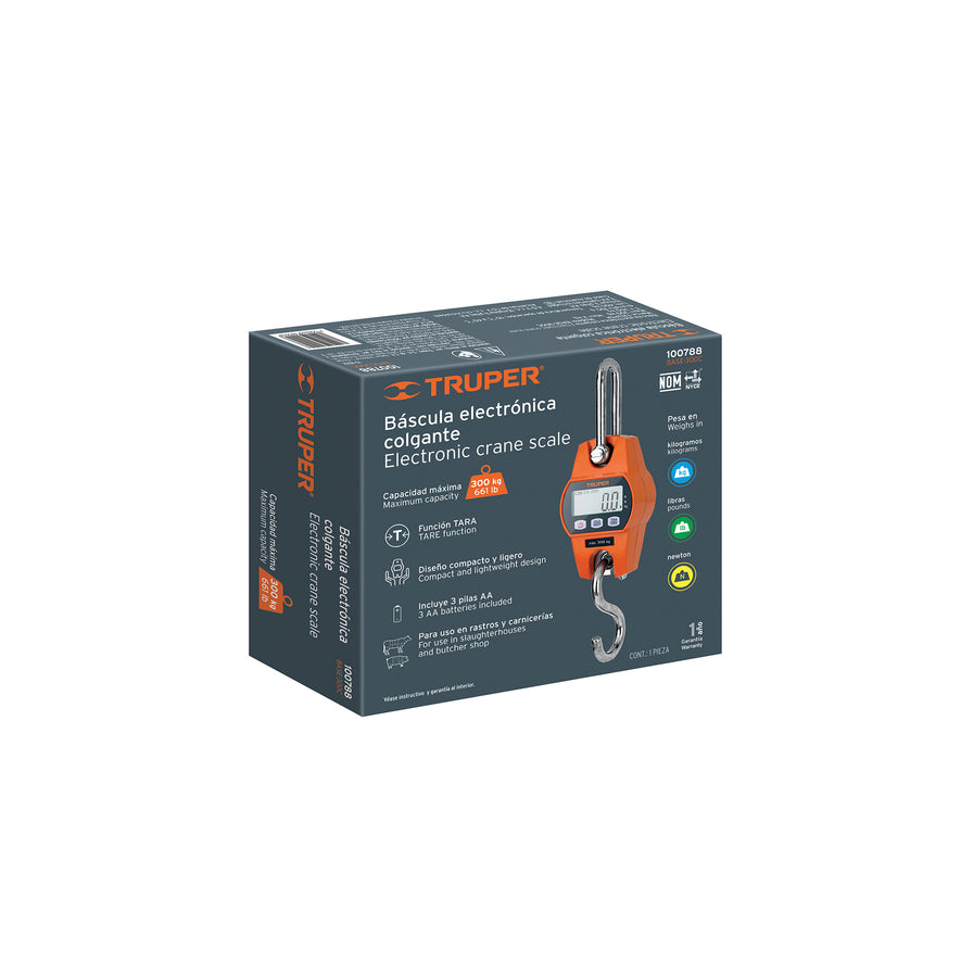 Báscula electrónica colgante, de pilas, 300 kg, Truper, 100788