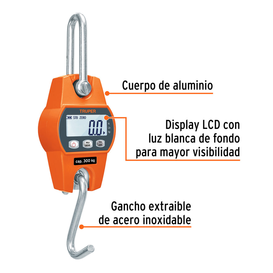 Báscula electrónica colgante, de pilas, 300 kg, Truper, 100788