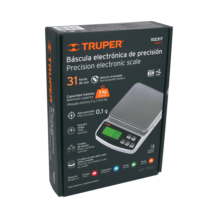 Báscula electrónica de precisión, recargable, 3 kg, Truper Caja con 2, 102317