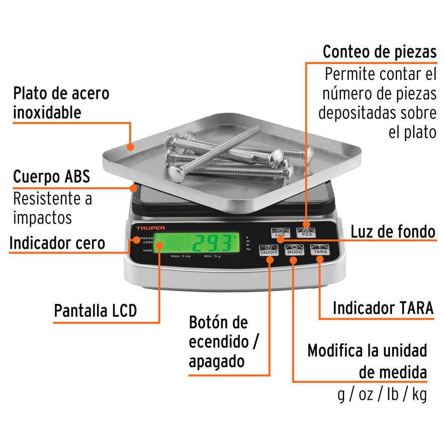 Báscula electrónica de precisión, recargable, 3 kg, Truper Caja con 2, 102317