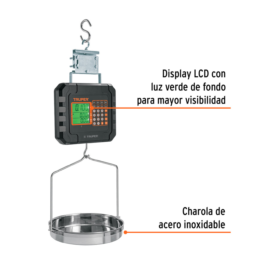 Báscula electrónica colgante, recargable, c/charola, 40 kg, 102898