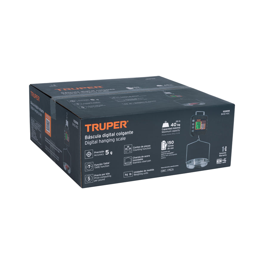 Báscula electrónica colgante, recargable, c/charola, 40 kg, 102898
