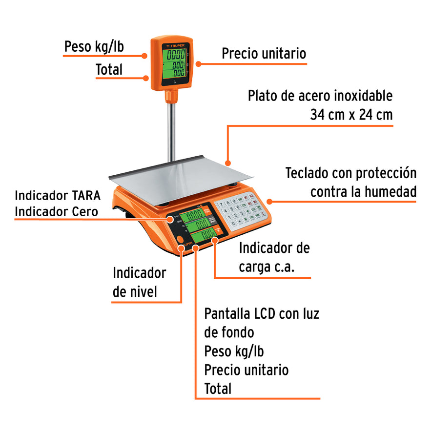 Báscula electrónica multifunciones con torreta 40 kg, Truper, 100871