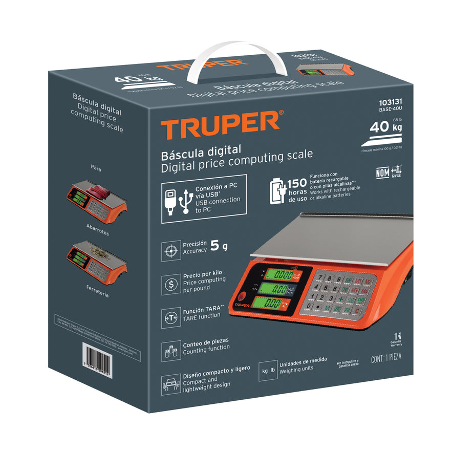 Báscula electrónica multifunciones 40 kg USB, Truper, 103131