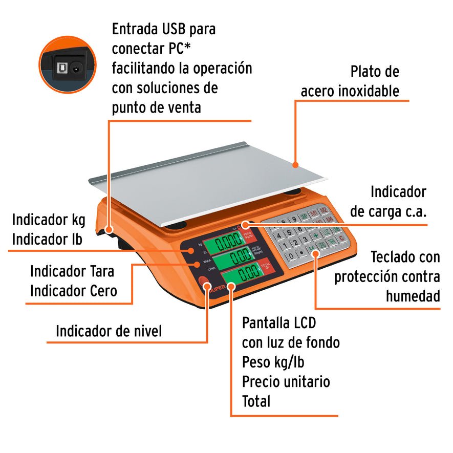 Báscula electrónica multifunciones 40 kg USB, Truper, 103131