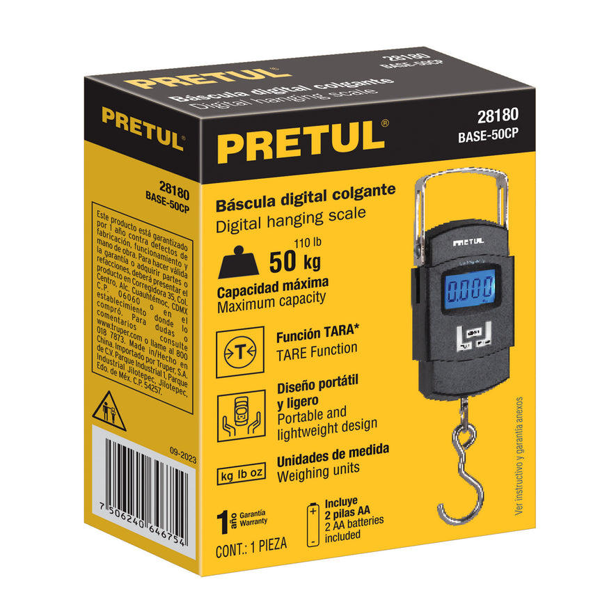 Báscula electrónica colgante, de pilas, 50 kg, Pretul Caja con 3, 28180