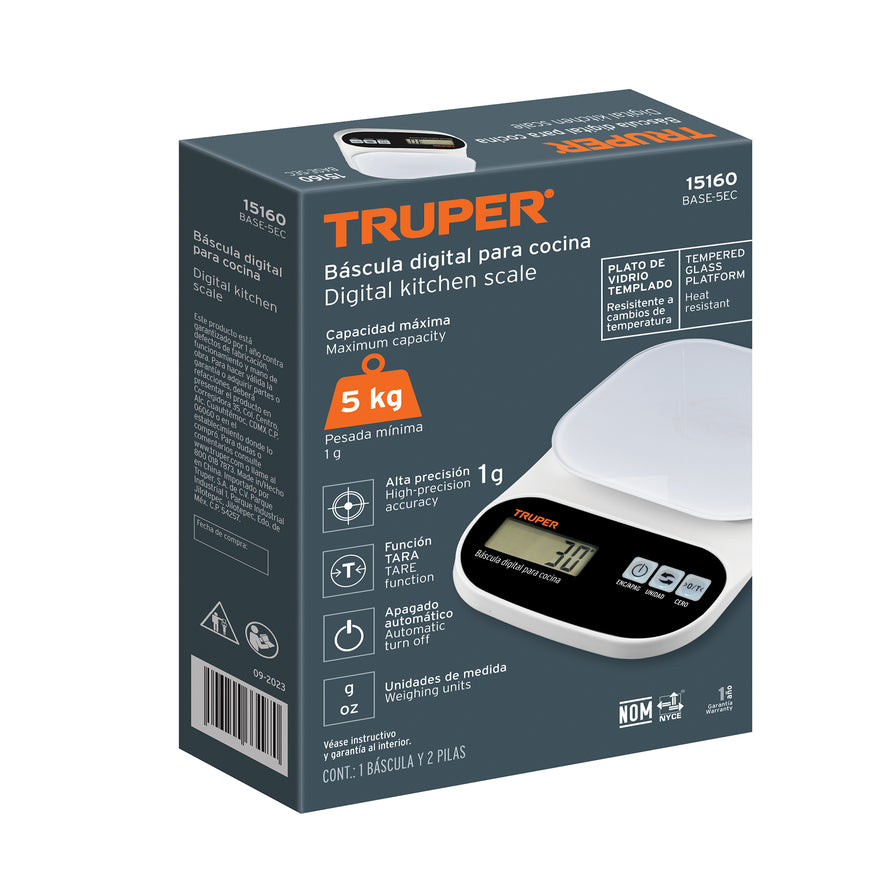 Báscula digital para cocina, plato de vidrio, 5 kg, Truper Caja con 2, 15160