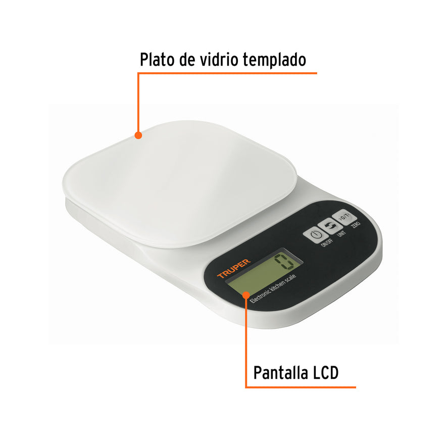 Báscula digital para cocina, plato de vidrio, 5 kg, Truper Caja con 2, 15160