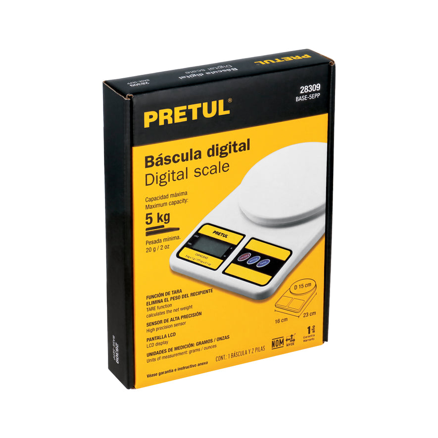 Báscula digital para cocina, plato de poliprop, 5 kg, Pretul Caja con 3, 28309