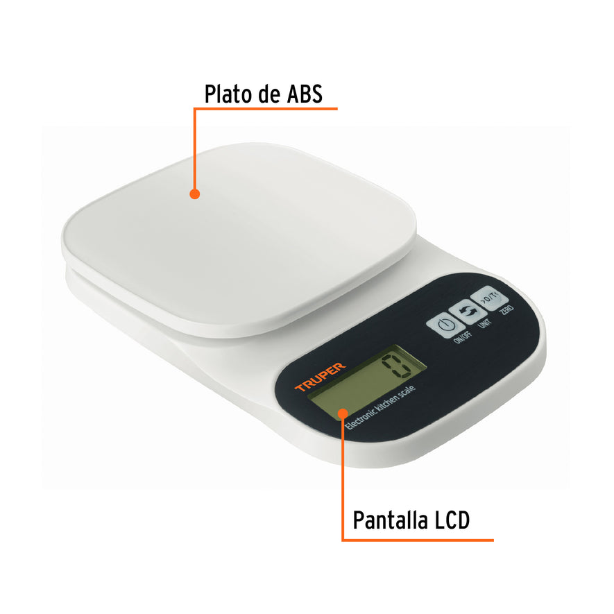 Báscula digital para cocina, plato de ABS, 5 kg, Truper Caja con 2, 15161