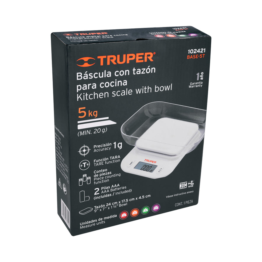 Báscula digital para cocina, con tazón, 5 kg, Truper Caja con 2, 102421