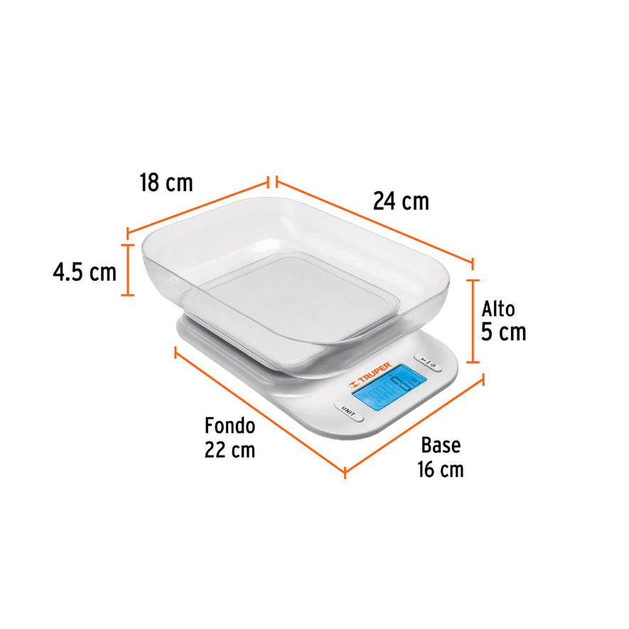 Báscula digital para cocina, con tazón, 5 kg, Truper Caja con 2, 102421