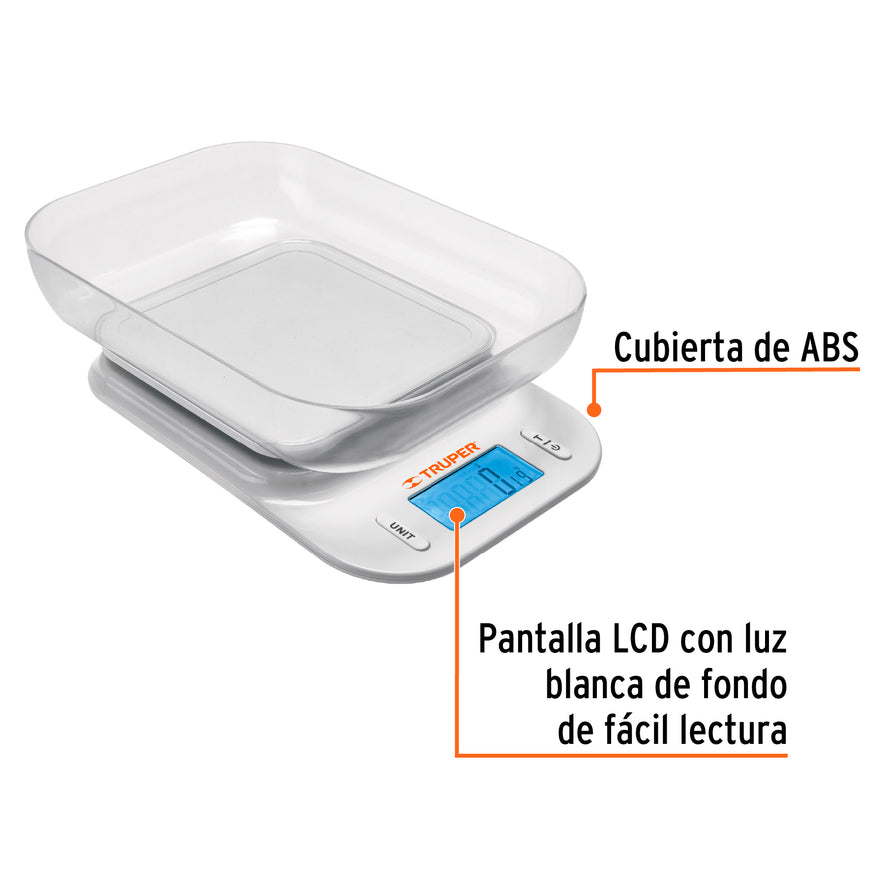 Báscula digital para cocina, con tazón, 5 kg, Truper Caja con 2, 102421