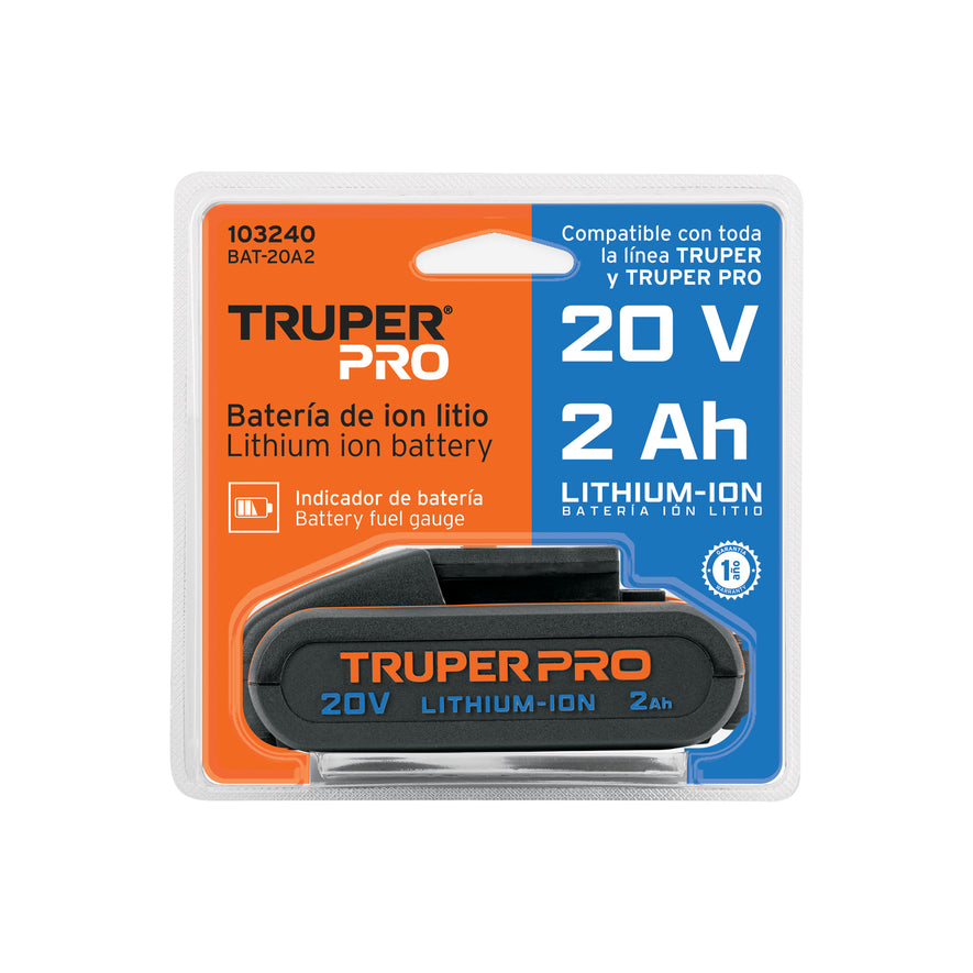 Batería ion litio, 20V, 2 Ah, TRUPER PRO, 103240