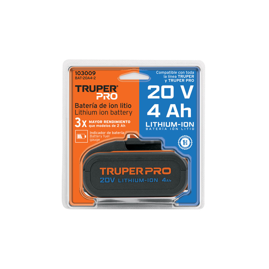 Batería ion litio, 20V, 4 Ah, TRUPER PRO, 103009