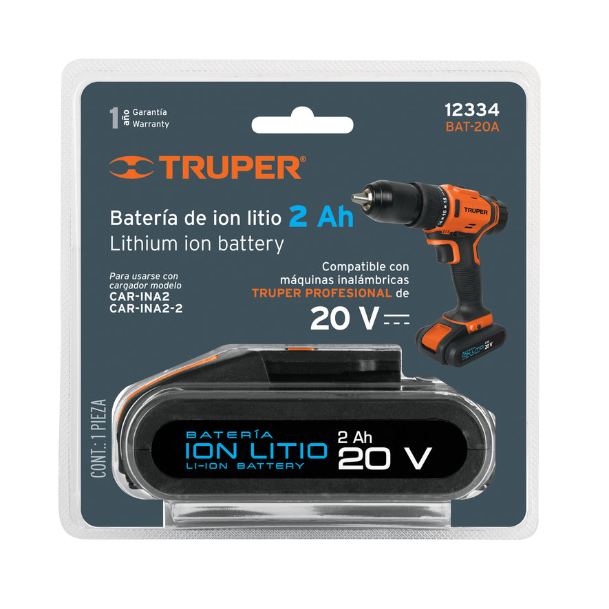 Batería ion litio, 20V, 2 Ah, TRUPER PRO, 12334