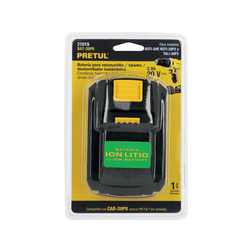 Batería ion litio, 20V, 2 Ah, PRETUL, 21019