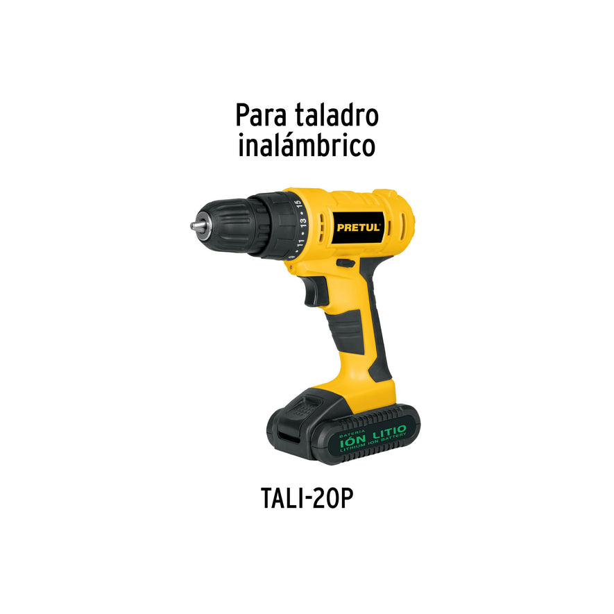 Batería ion litio, 20V, para taladro TALI-20P, PRETUL, 21014
