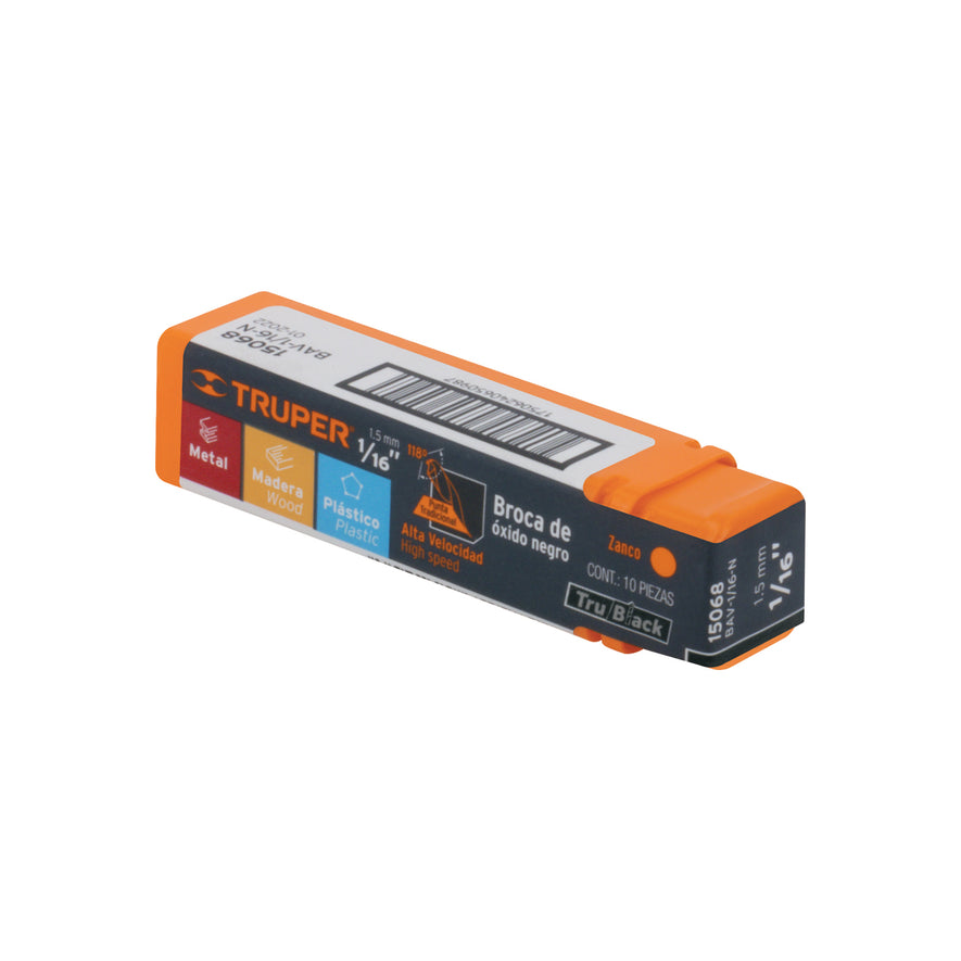 Broca HSS 1/16' Trublack para metal, Truper Caja con 10, 15068