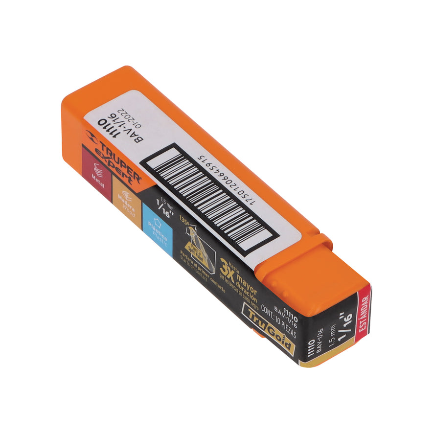 Broca HSS 1/16' Trugold para metal, Truper Expert Caja con 10, 11110