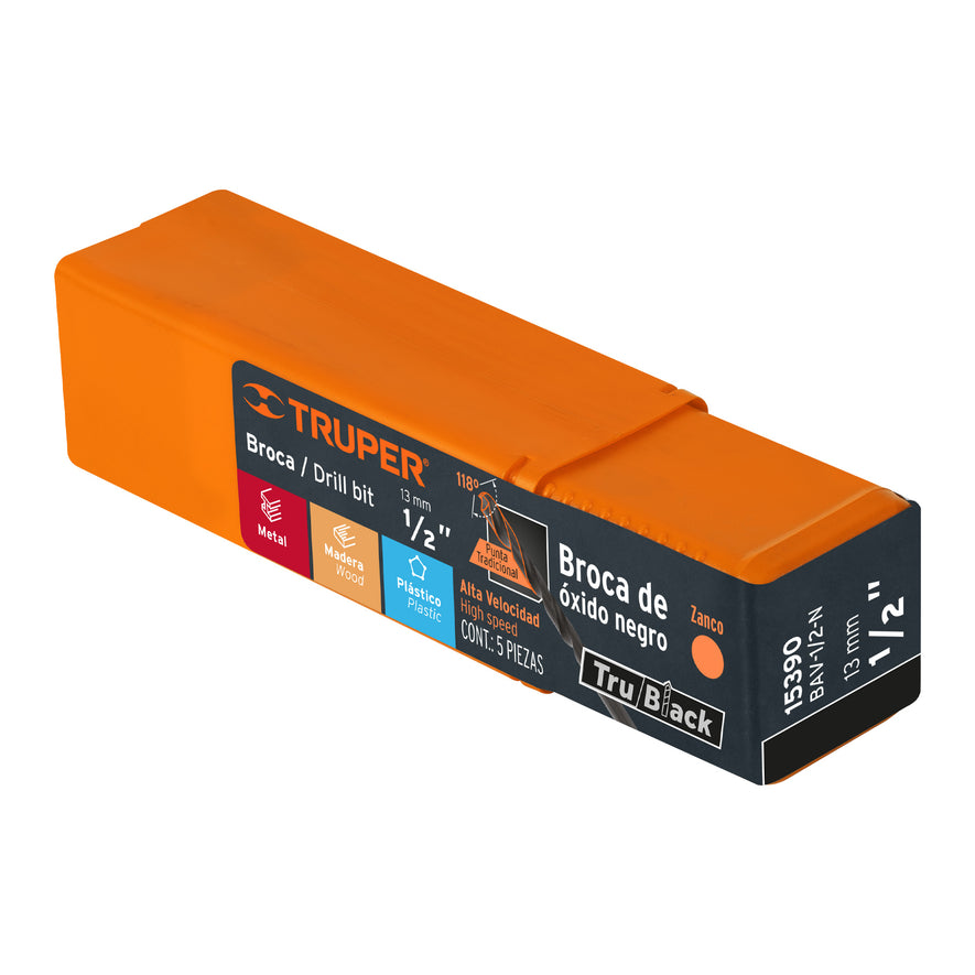 Broca HSS 1/2' Trublack para metal, Truper Caja con 5, 15390