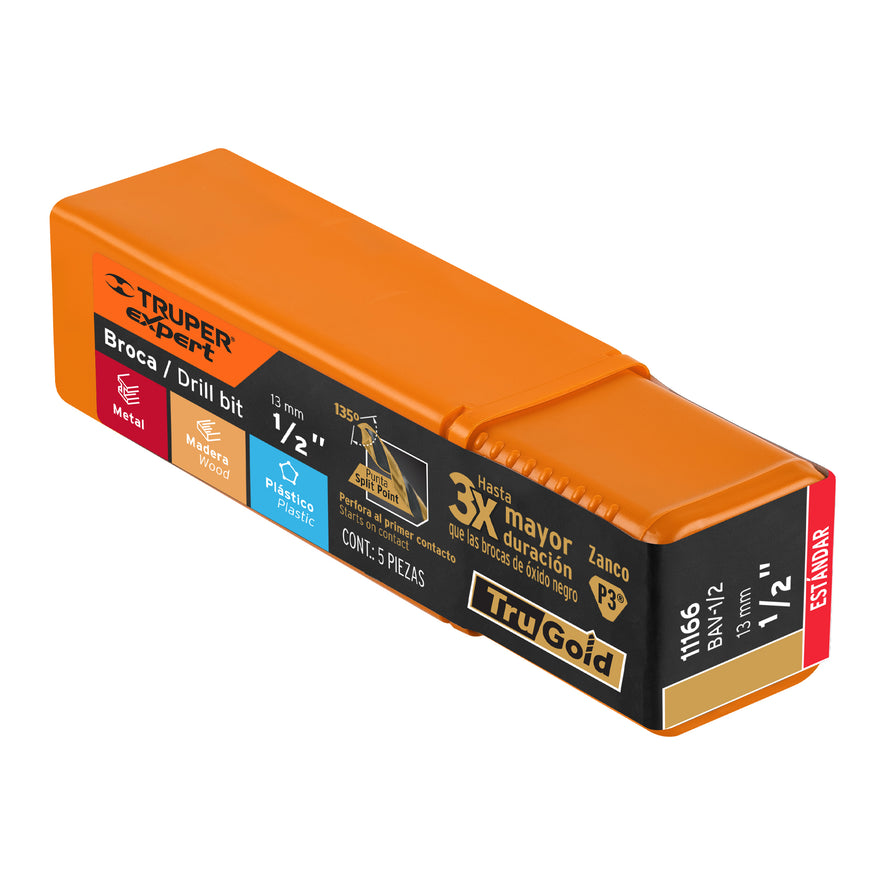 Broca HSS 1/2' Trugold para metal, Truper Expert Caja con 5, 11166