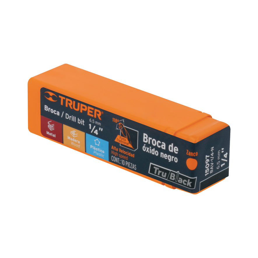 Broca HSS 1/4' Trublack para metal, Truper Caja con 10, 15097