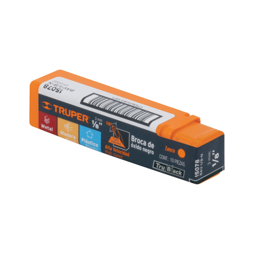 Broca HSS 1/8' Trublack para metal, Truper Caja con 10, 15078